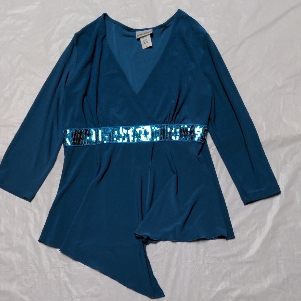 Fashion Bug Vintage Y2K Babydoll Teal Fairycore Asymmetrical Top Shirt Sz Small